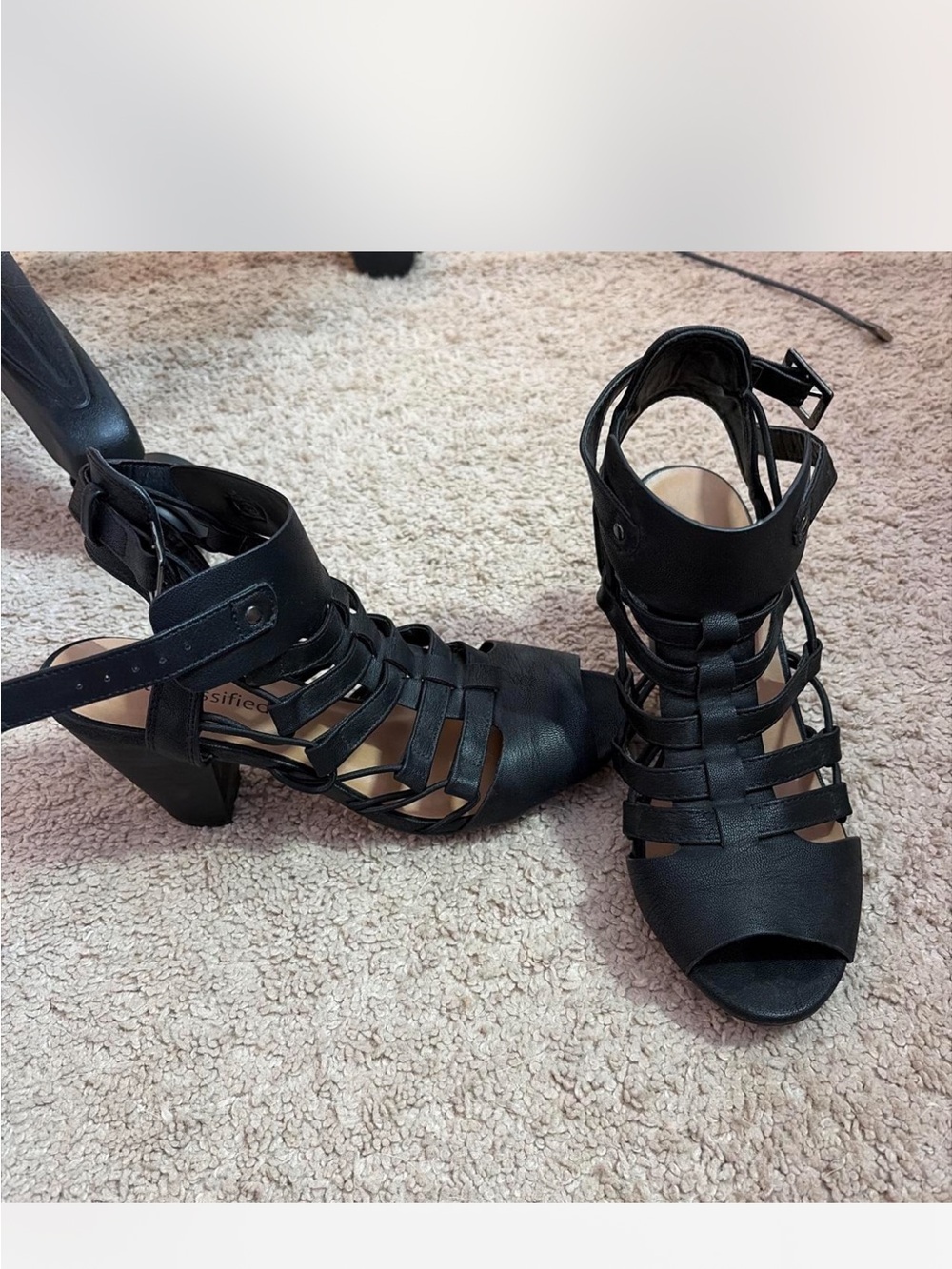 Black Strappy Peep-Toe Block Heels with Ankle Buckle